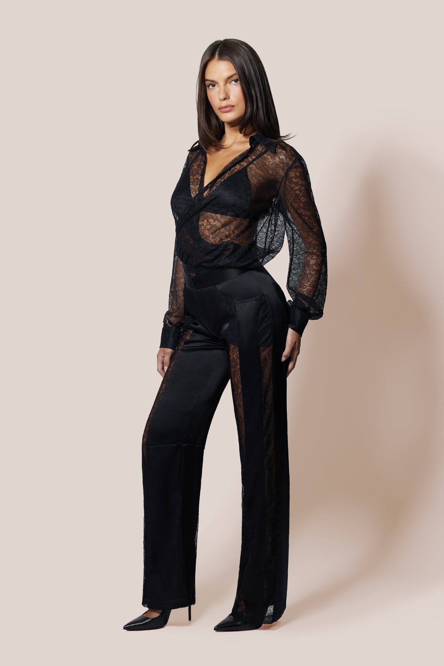 Black Floral Lace Silk Satin Cuffs Crossover Long Sleeve Bodysuit  Side