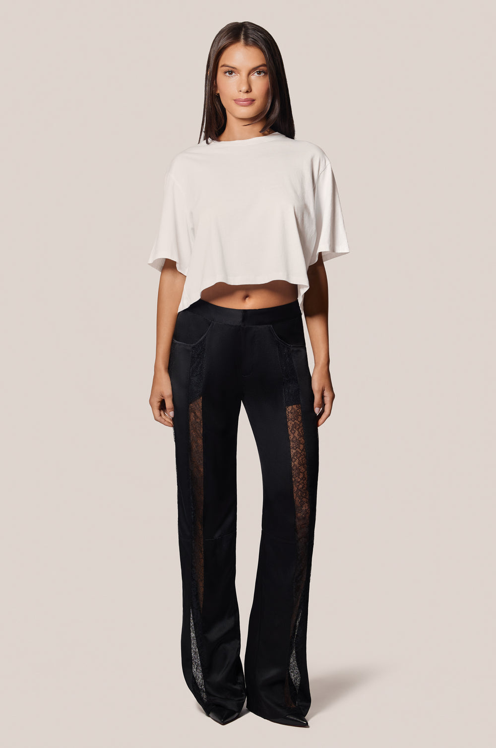 Black Floral Lace Panel Silk Satin Straight Leg Pant  Front