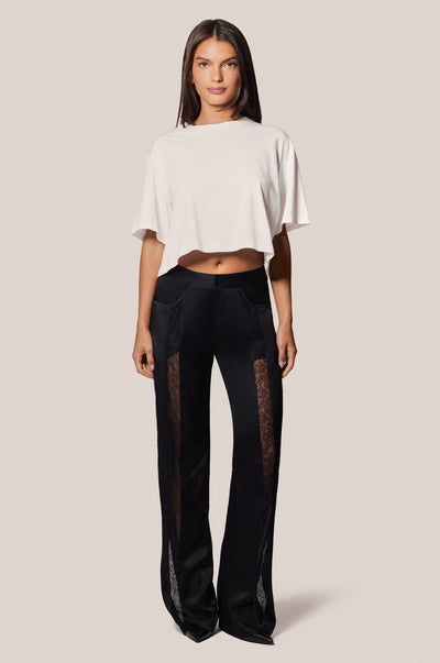 Black Floral Lace Panel Silk Satin Straight Leg Pant  Front