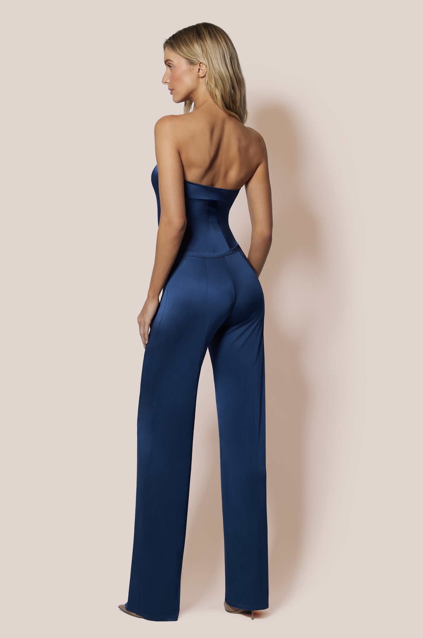 French Navy Silk Shiny Fitted Strapless Bodysuit  and Silk Mid Rise Wide Leg Long Trouser Pant Back