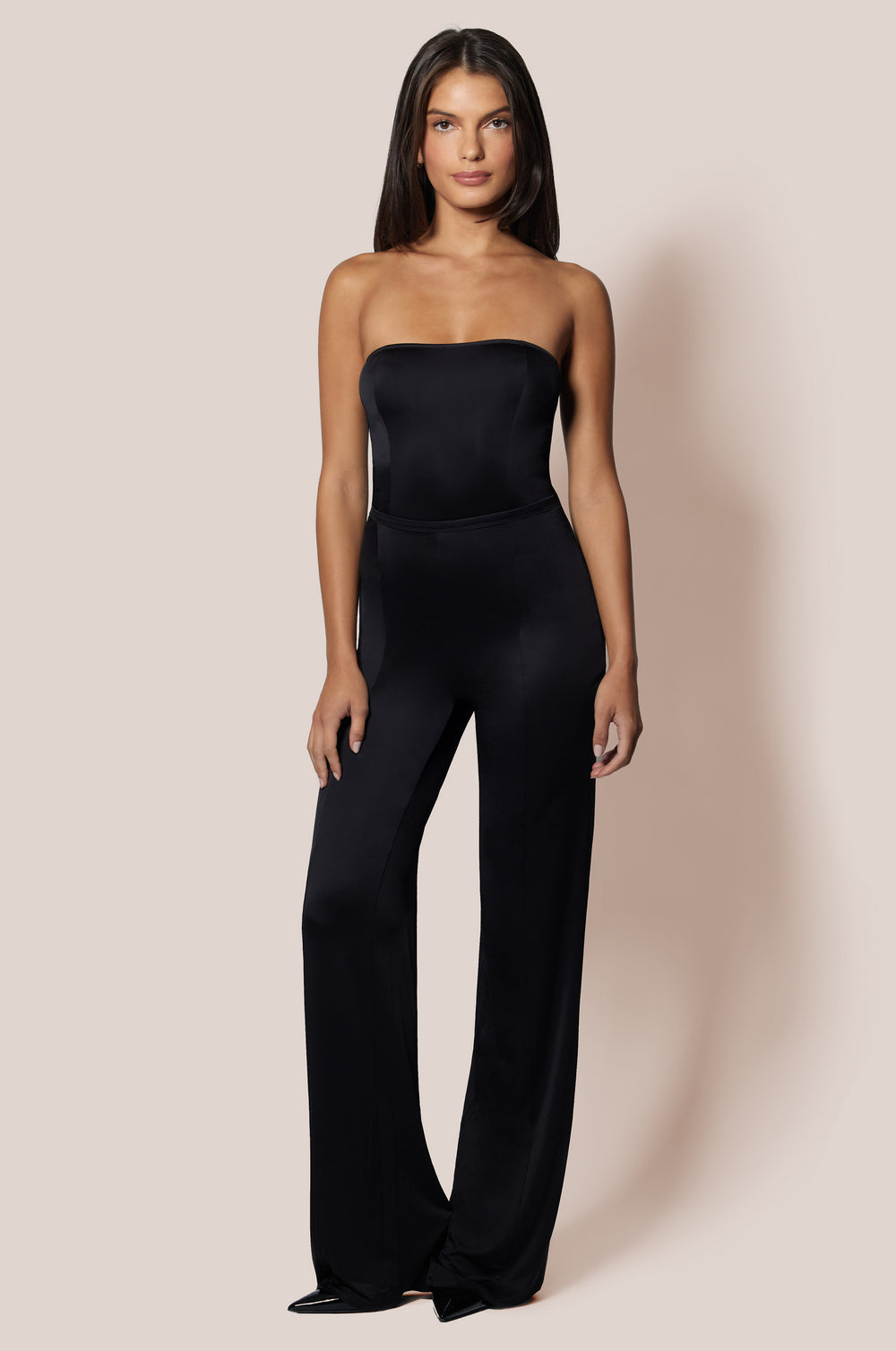 Black Silk Shiny Fitted Strapless Bodysuit  and  Silk Mid Rise Wide Leg Long Trouser Pant