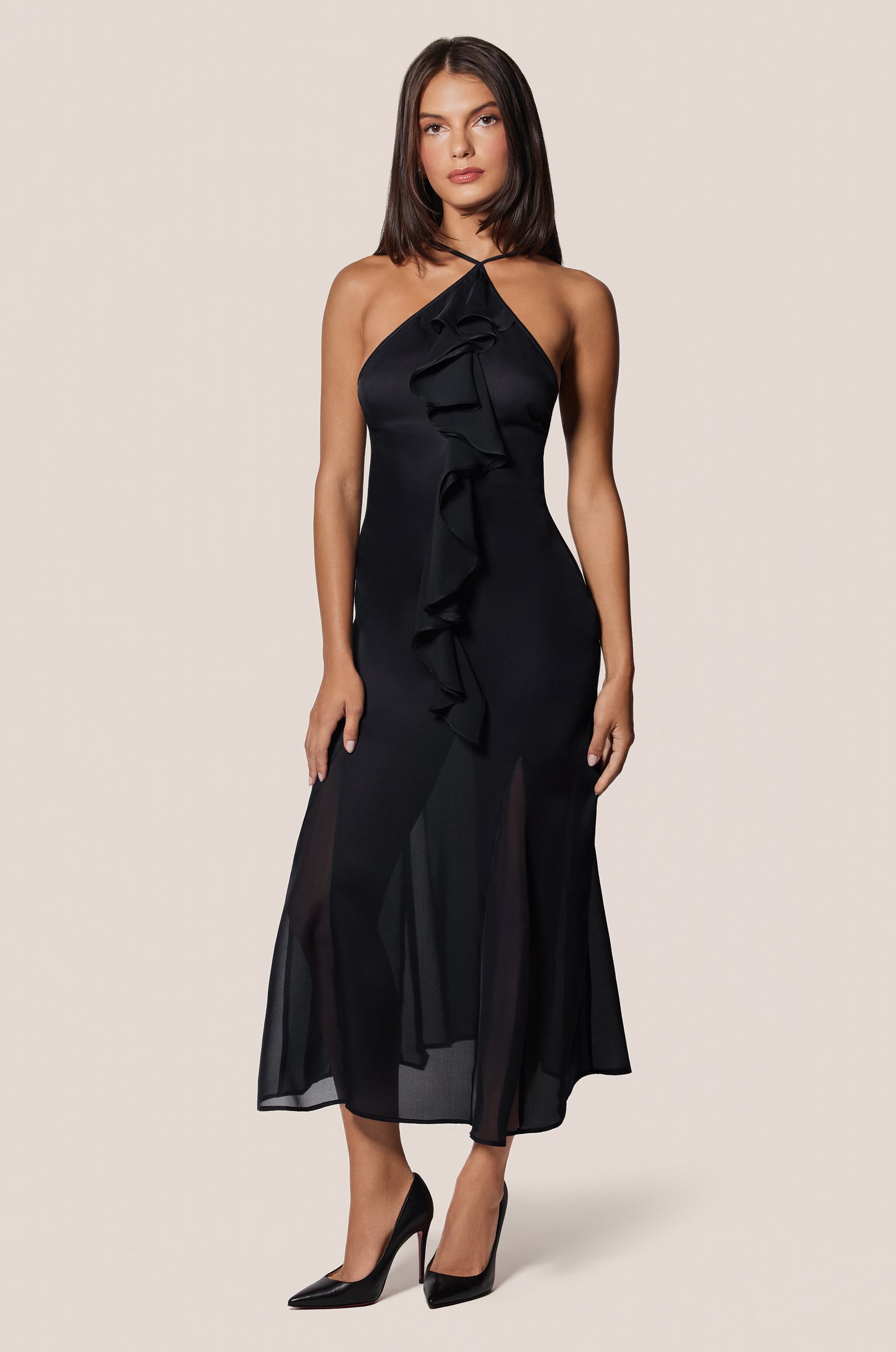 Black Silk Ruffle Backless Cowl Neck Mini Dress Front
