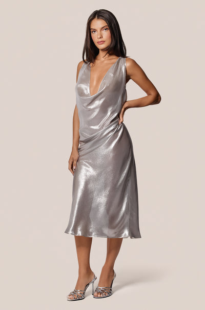 Liquid Silver Shiny Cowl Neck Midi Dress Front