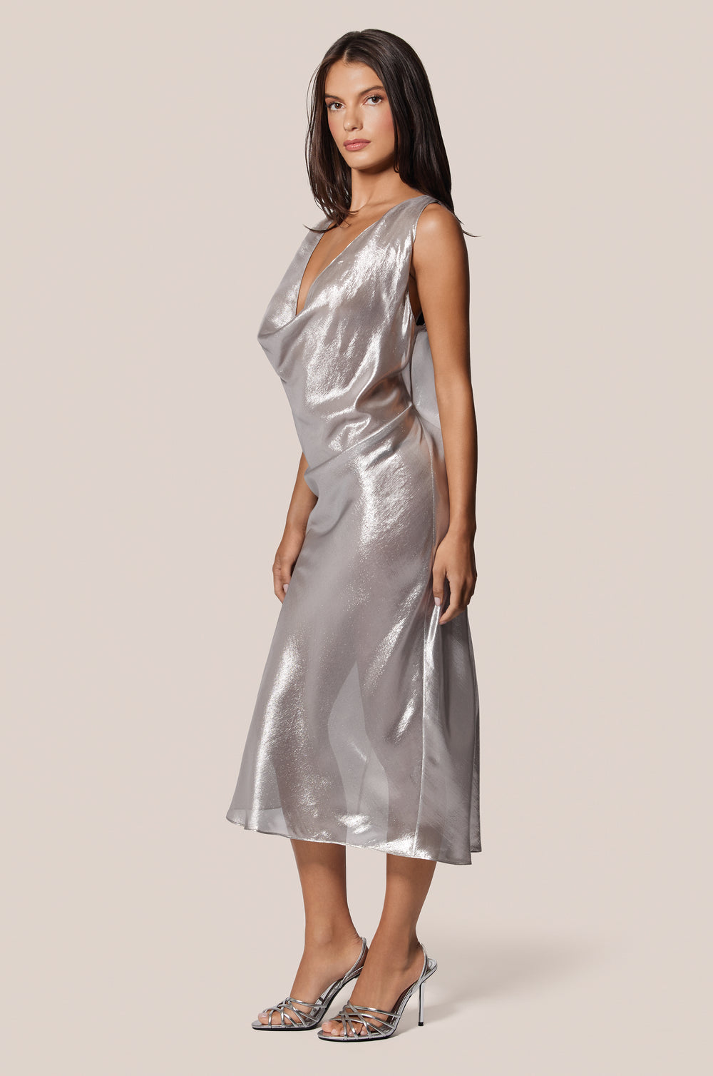 Liquid Silver Shiny Cowl Neck Midi Dress Side