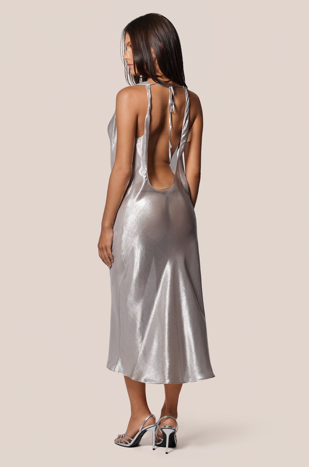 Liquid Silver Shiny Cowl Neck Midi Dress Back