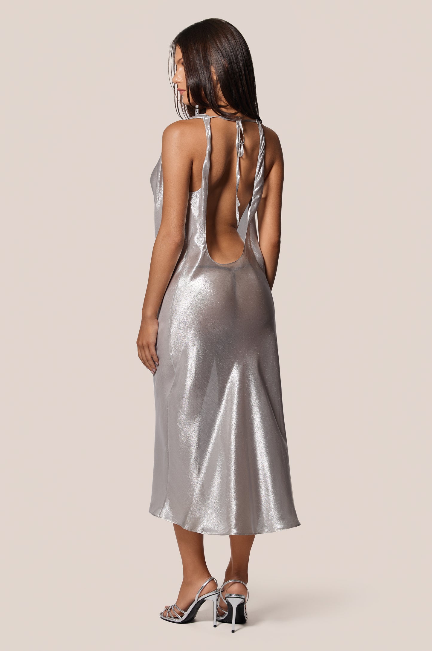 Liquid Silver Shiny Cowl Neck Midi Dress Back