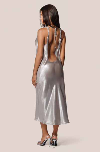 Liquid Silver Shiny Cowl Neck Midi Dress Back