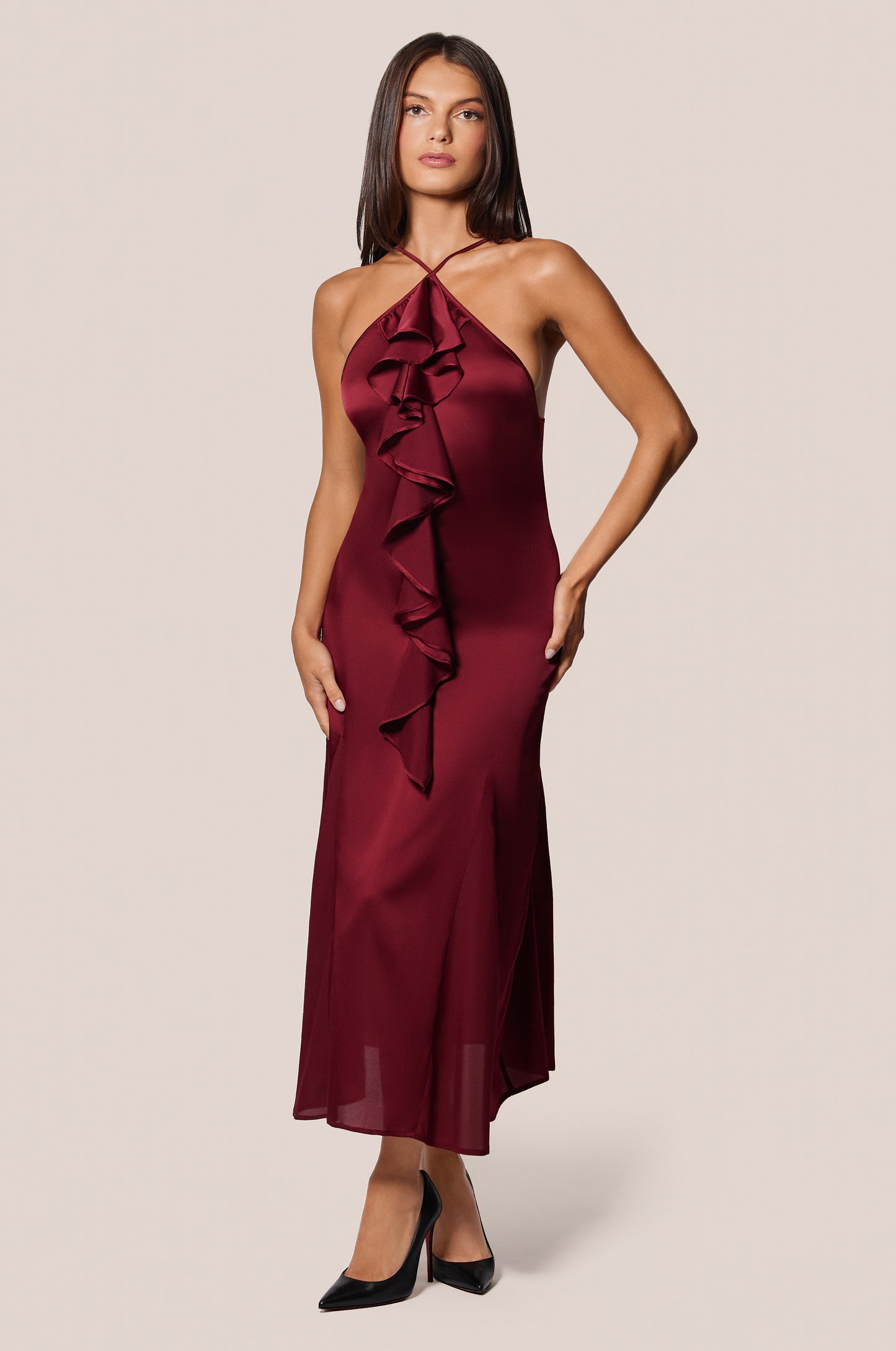 Red High Neck Halter Ruffle Front Silk Mini Dress Front