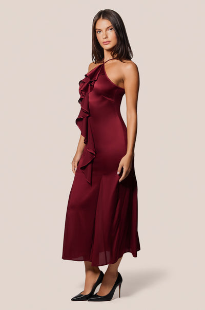 Red High Neck Halter Ruffle Front Silk Mini Dress Side