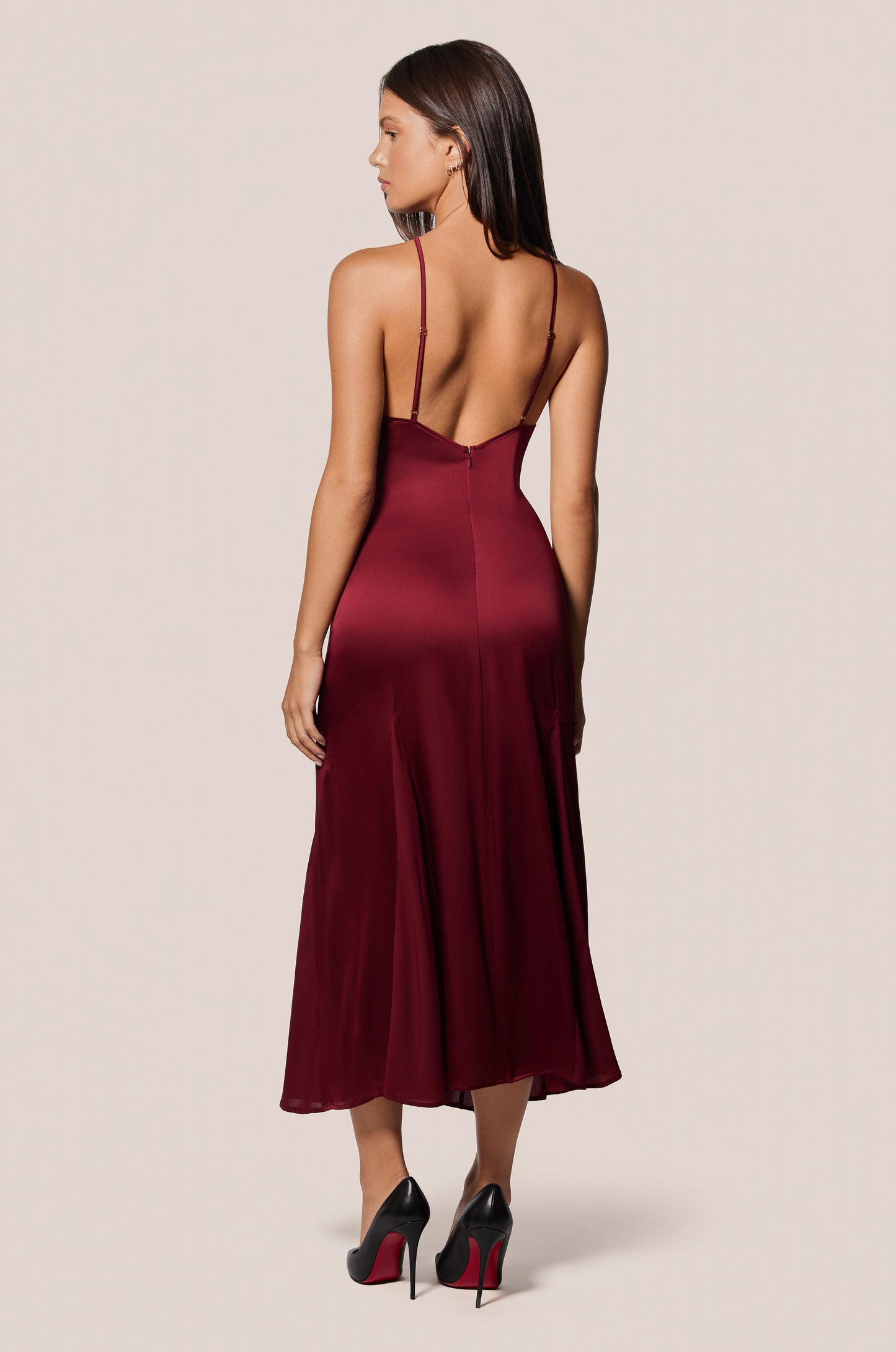 Red High Neck Halter Ruffle Front Silk Mini Dress Back