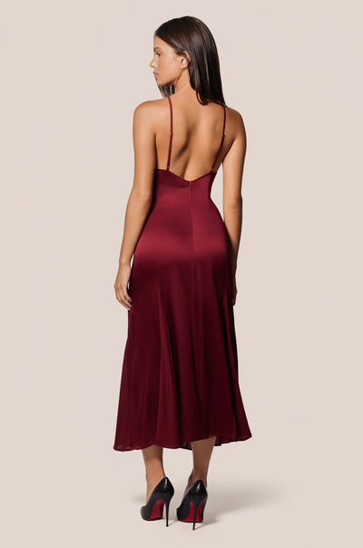 Red High Neck Halter Ruffle Front Silk Mini Dress Back