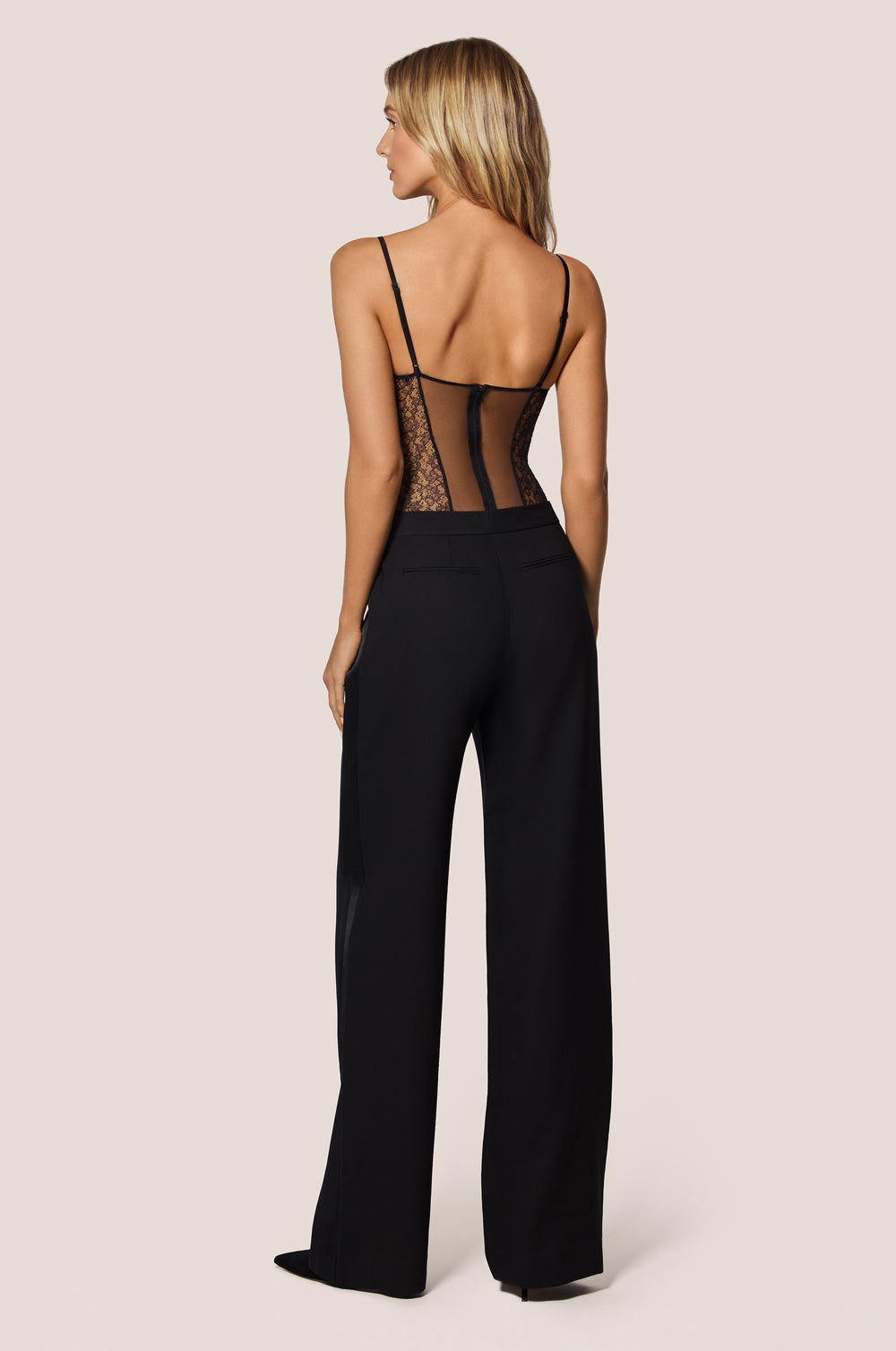 Black Floral Lace Corset Detail Satin Cup Bodysuit Back