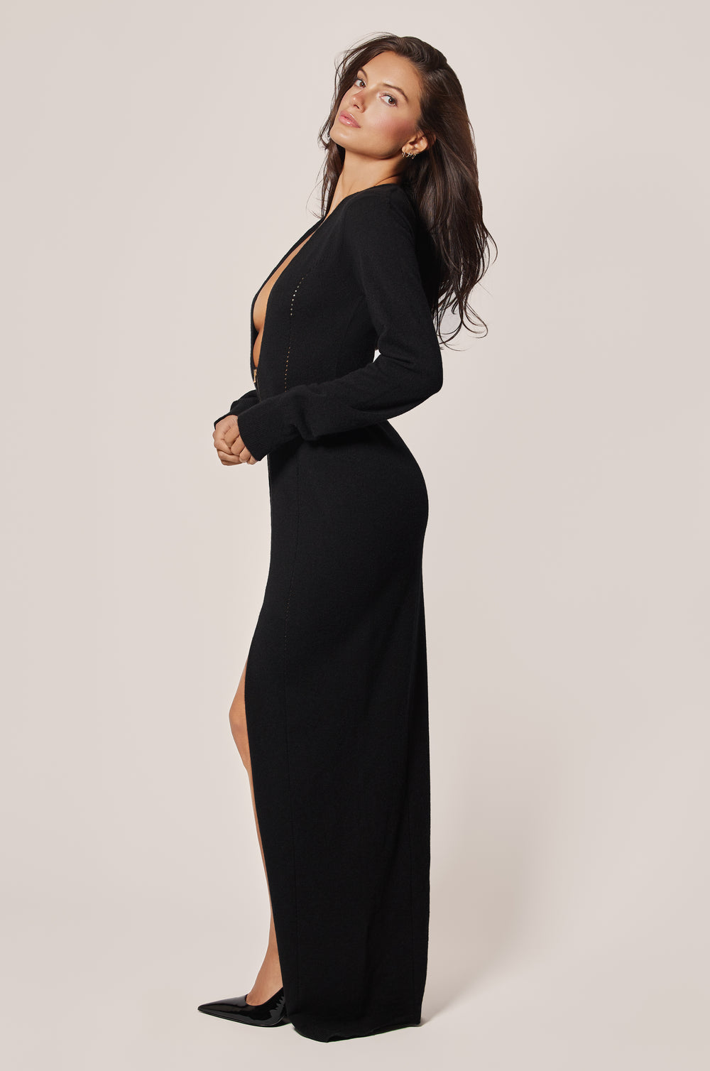 Black Cashmere Knit Long Sleeve Plunge Zipper Maxi Dress Side