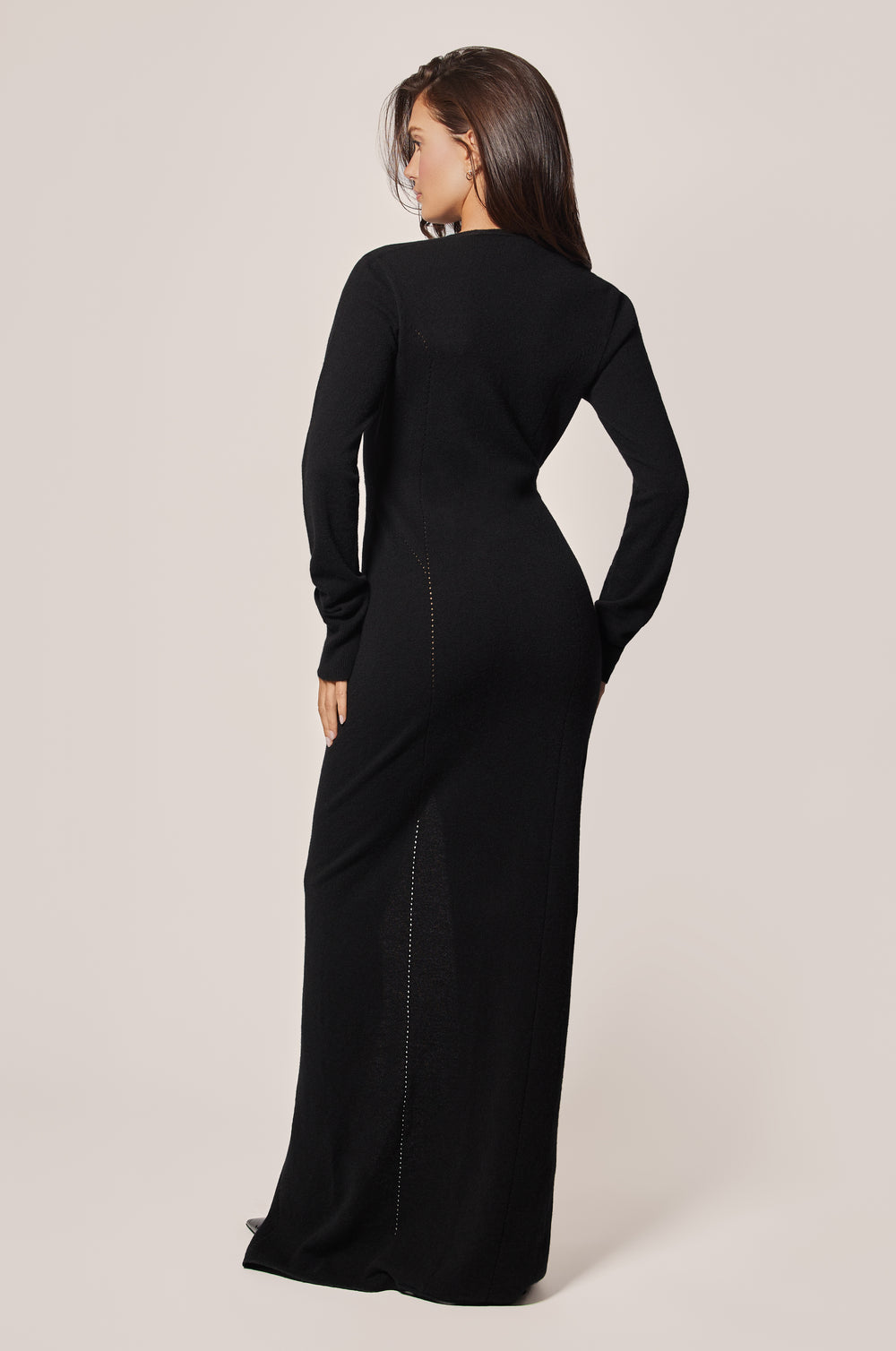 Black Cashmere Knit Long Sleeve Plunge Zipper Maxi Dress Back
