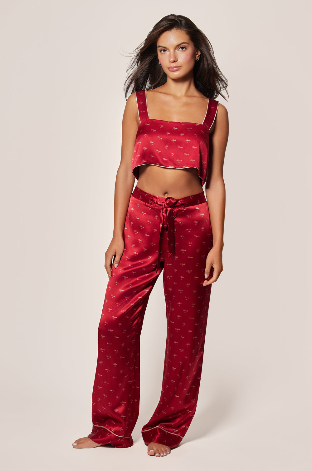 Red and Buff Light Pink  Silk Satin Kiss Motif Printed Bandeau Straps Top and Light Pink Silk Satin Kiss Motif Printed Tie Pajama Pant Front