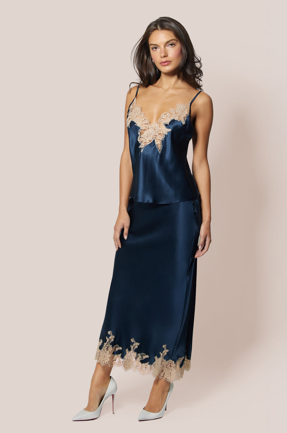 French Navy Blue Satin Floral Lace Detail Cami Top and Satin Floral Lace Detail Elastic Waistband Slip Skirt Front