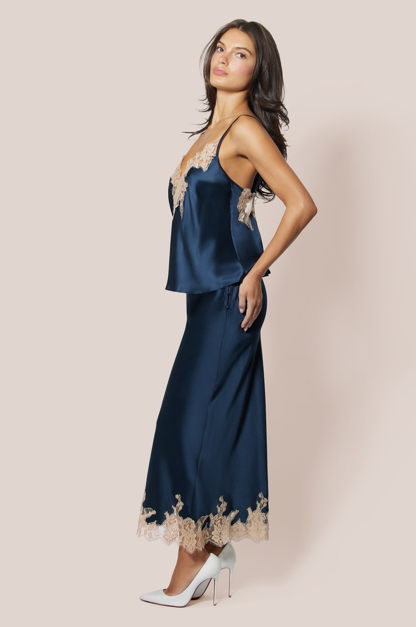 French Navy Blue Satin Floral Lace Detail Cami Top and Satin Floral Lace Detail Elastic Waistband Slip Skirt Side