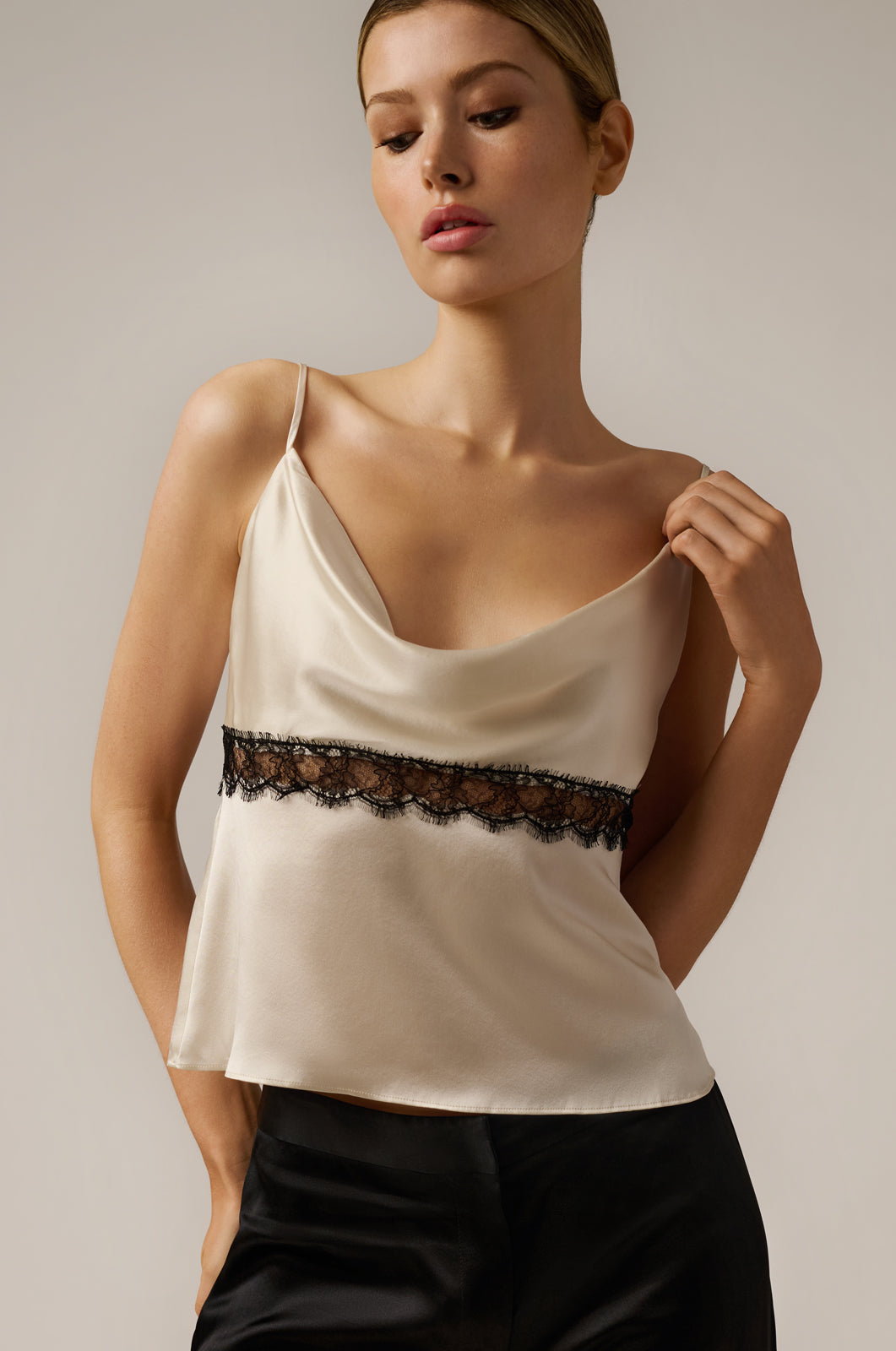 lace inset cowl neck strappy cami tank top front view