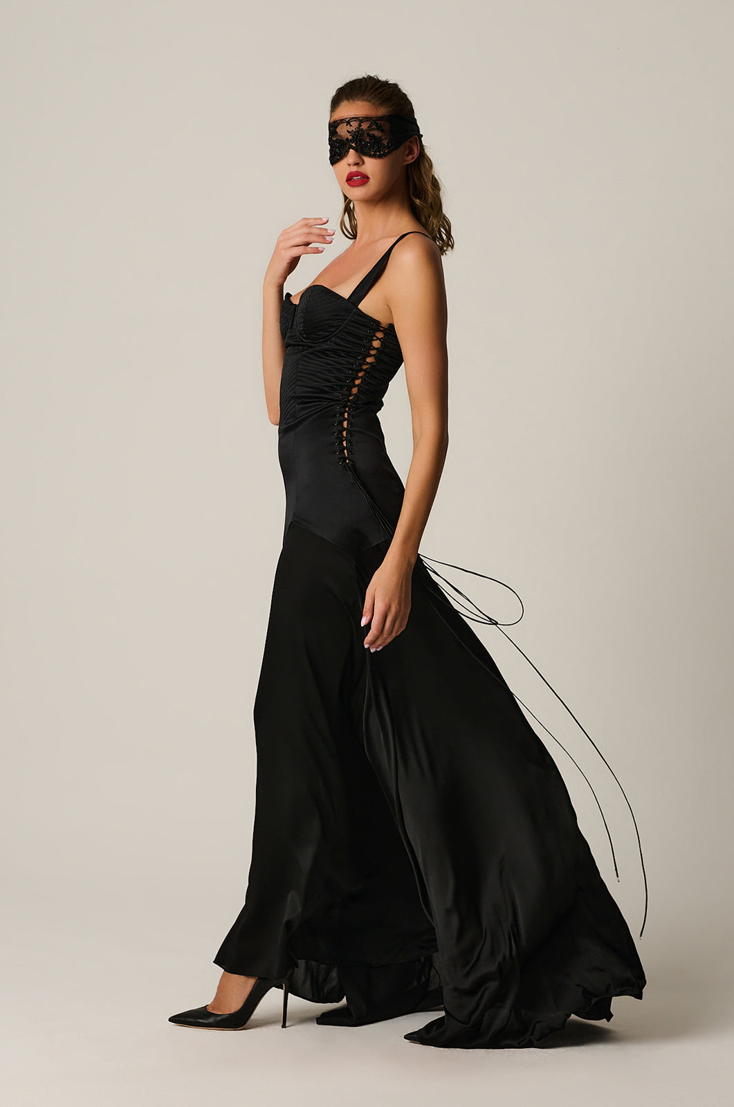 Black maxi bustier gown with lace up side