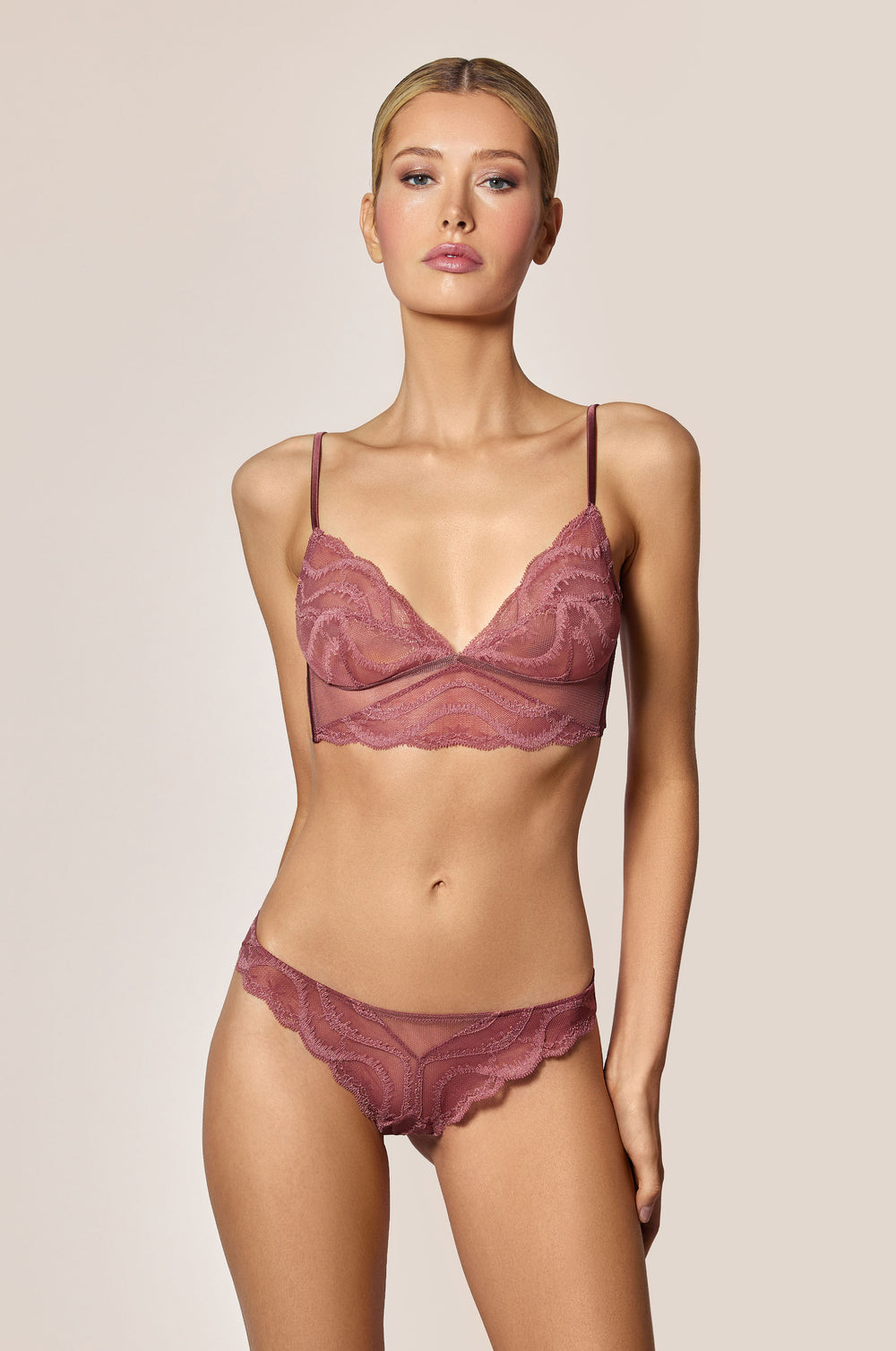 Rose Fauvee Light Salmon Pink Lace Thong Underwear Front