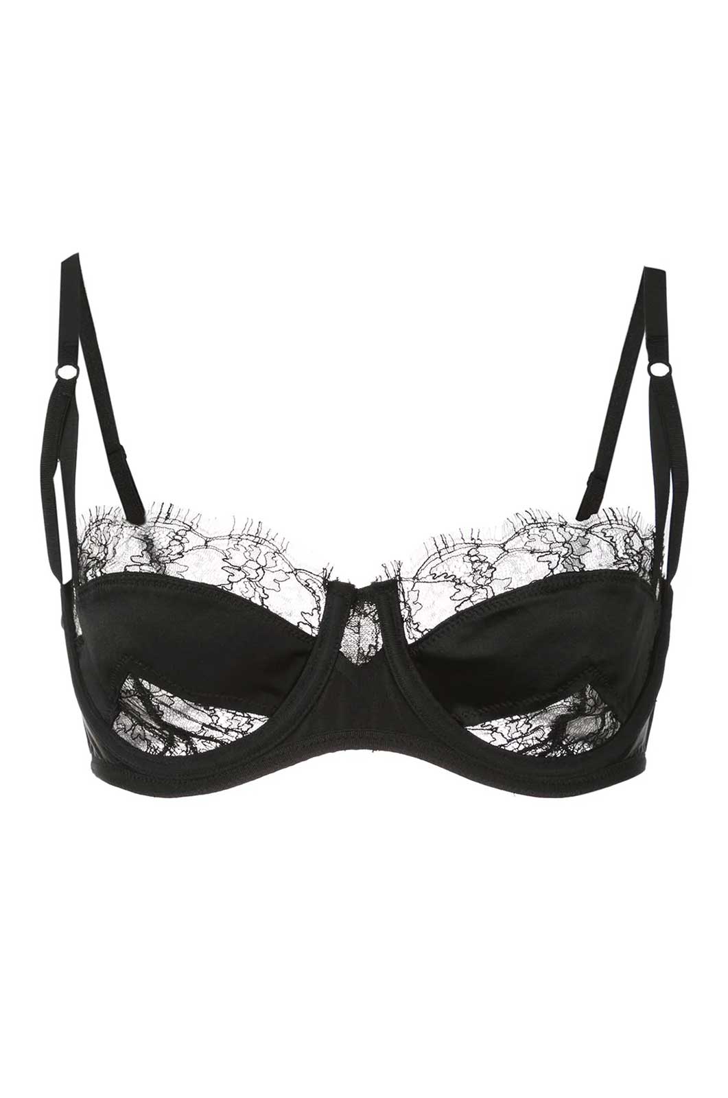 Lace inset balconette bra in black with adjustable charmeuse straps