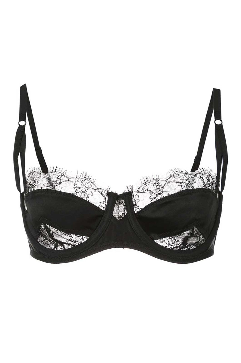 Lace inset balconette bra in black with adjustable charmeuse straps