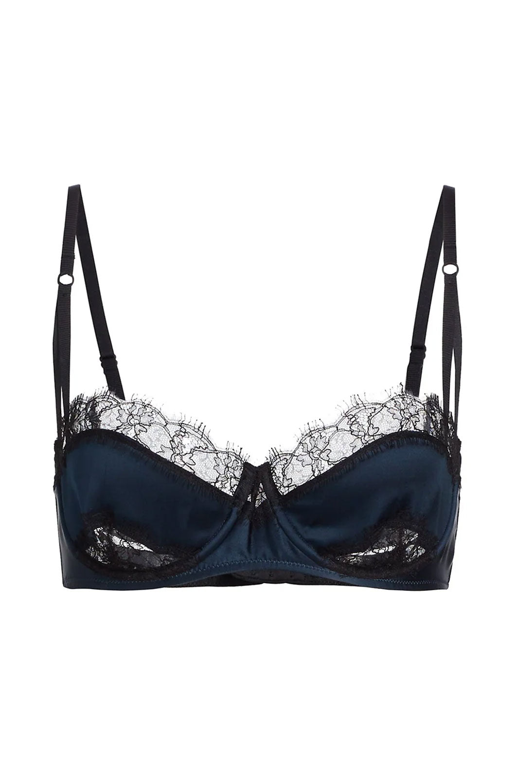 Silk navy balconette bra with black French lace trim front view flat lay