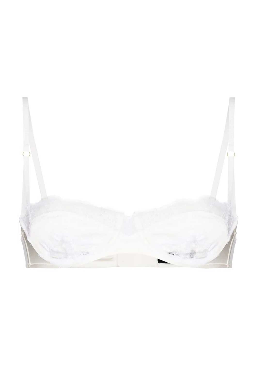 Silk balconette bra with ivory French lace trim flat lay