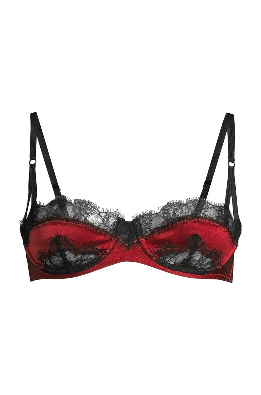 Silk red balconette bra with black French lace trim flat lay