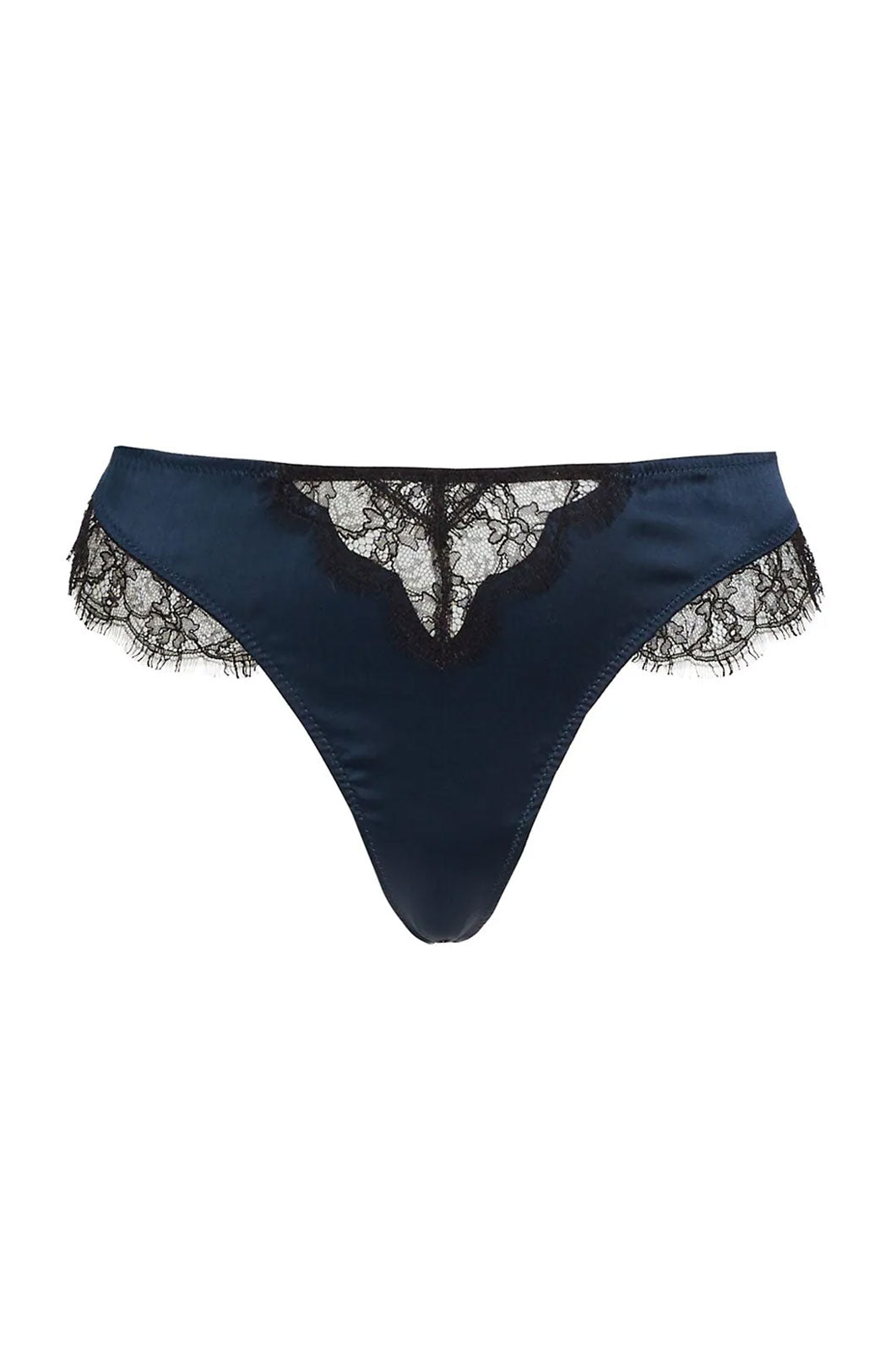 Navy lace Inset thong with black French lace trim on front and sides flat lay