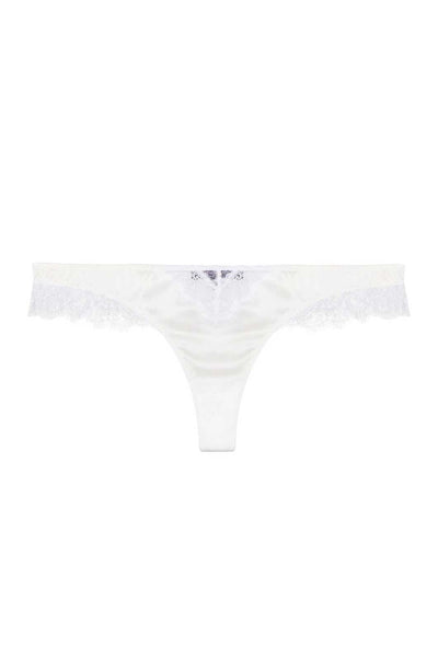 Ivory lace Inset thong with ivory French lace trim on front and sides flat lay