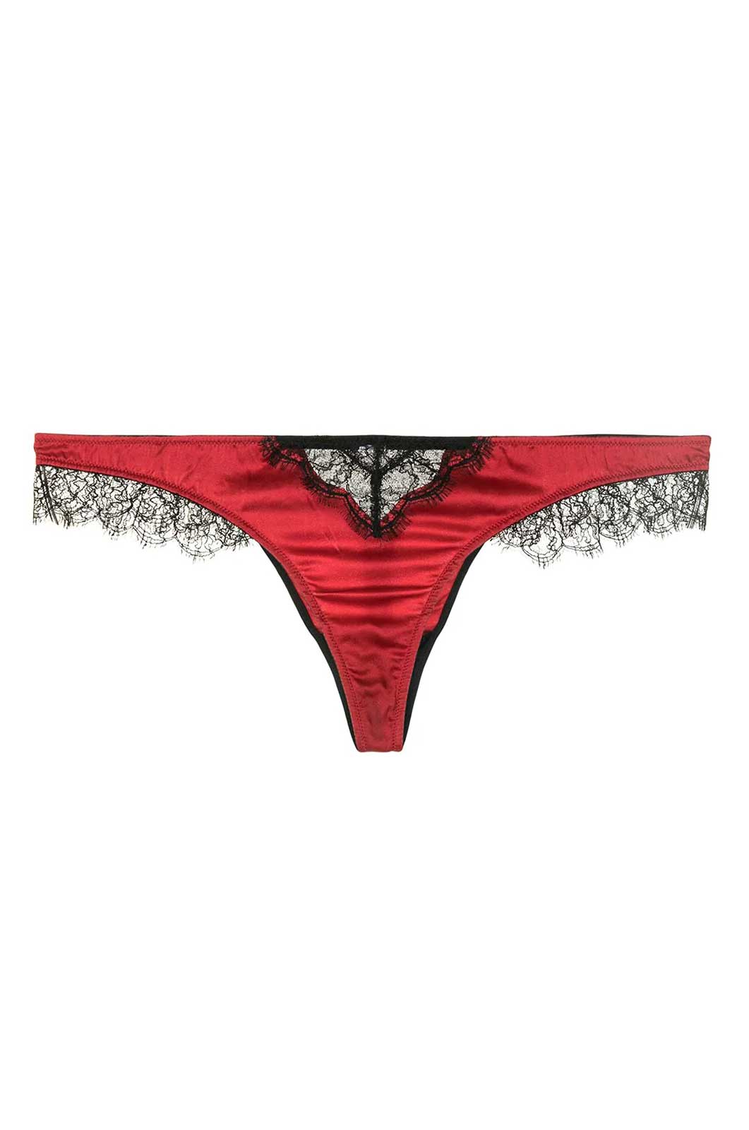 Red lace Inset thong with black French lace trim on front and sides flat lay