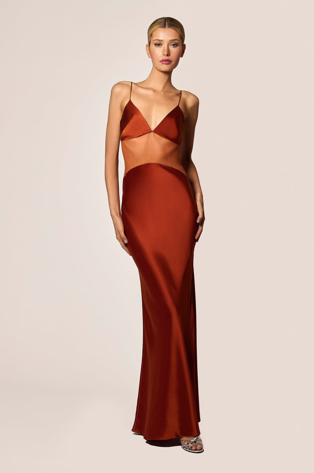 Amber Burnt Orange Sheer Middle Mesh Panel Silk Satin Skirt And Cups Maxi Slip Dress, front view