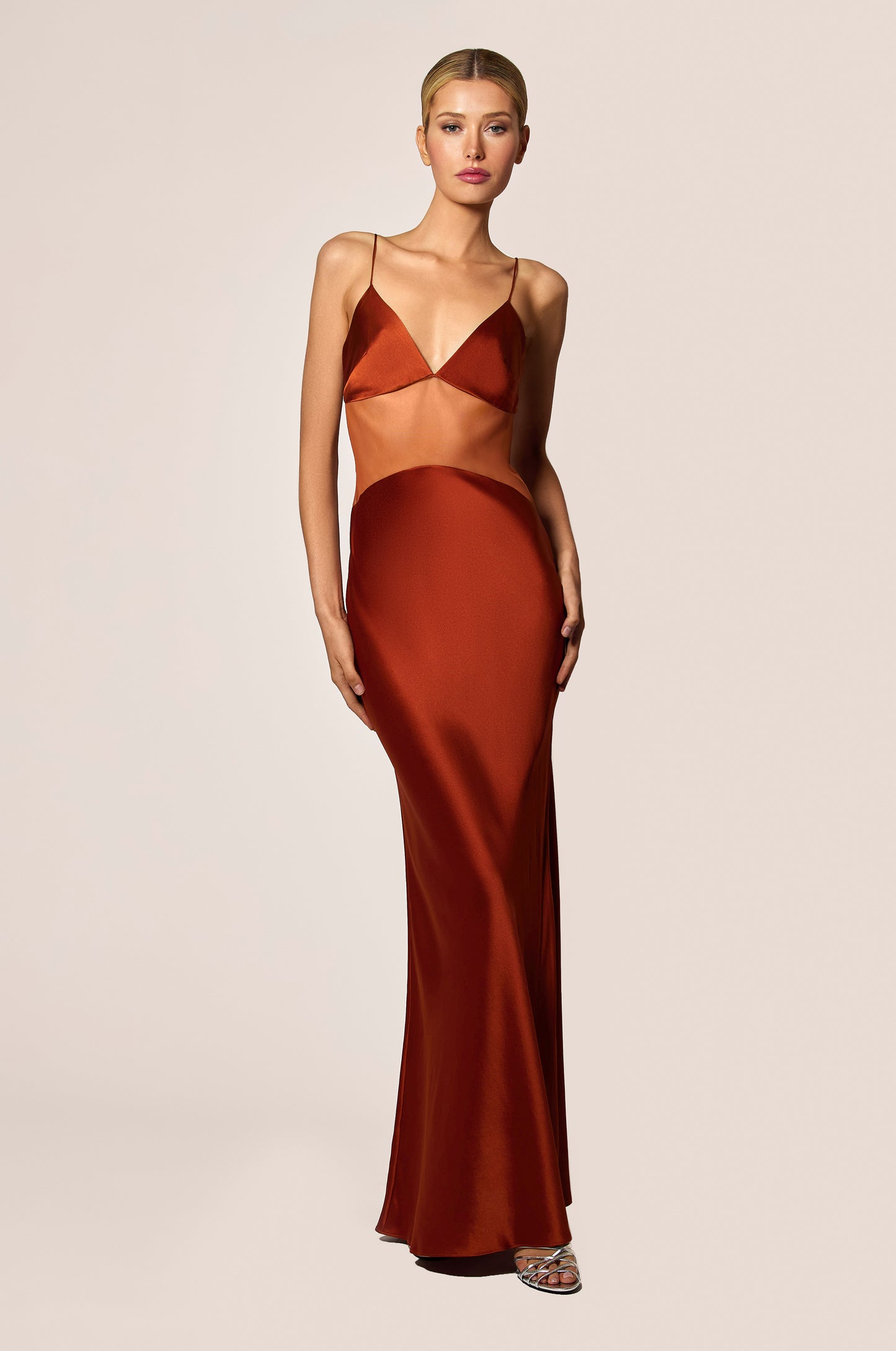 Amber Burnt Orange Sheer Middle Mesh Panel Silk Satin Skirt And Cups Maxi Slip Dress, front view