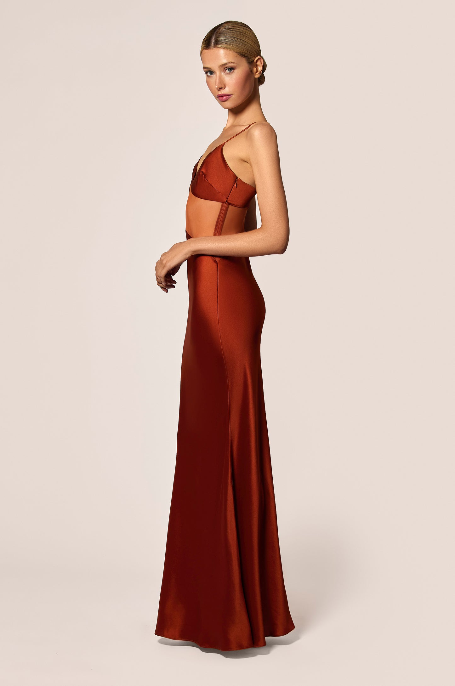 Amber Burnt Orange Sheer Middle Mesh Panel Silk Satin Skirt And Cups Maxi Slip Dress, side view