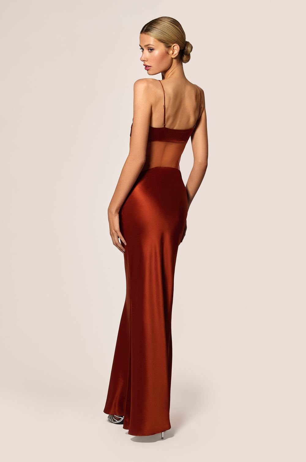 Amber Burnt Orange Sheer Middle Mesh Panel Silk Satin Skirt And Cups Maxi Slip Dress, back view