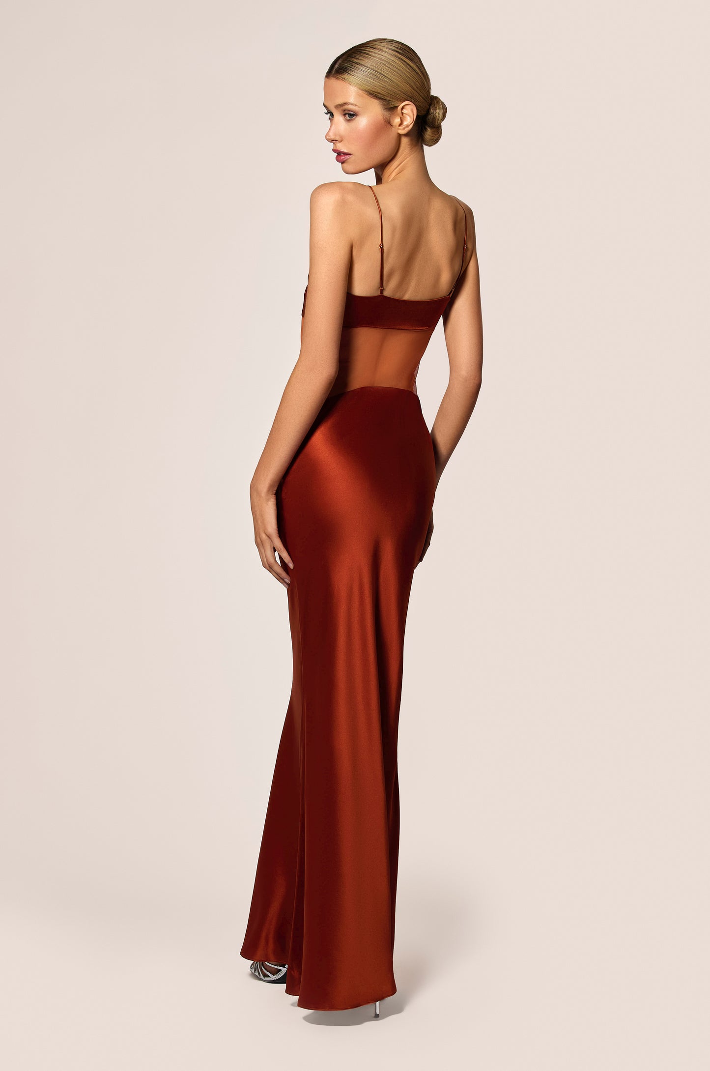 Amber Burnt Orange Sheer Middle Mesh Panel Silk Satin Skirt And Cups Maxi Slip Dress, back view