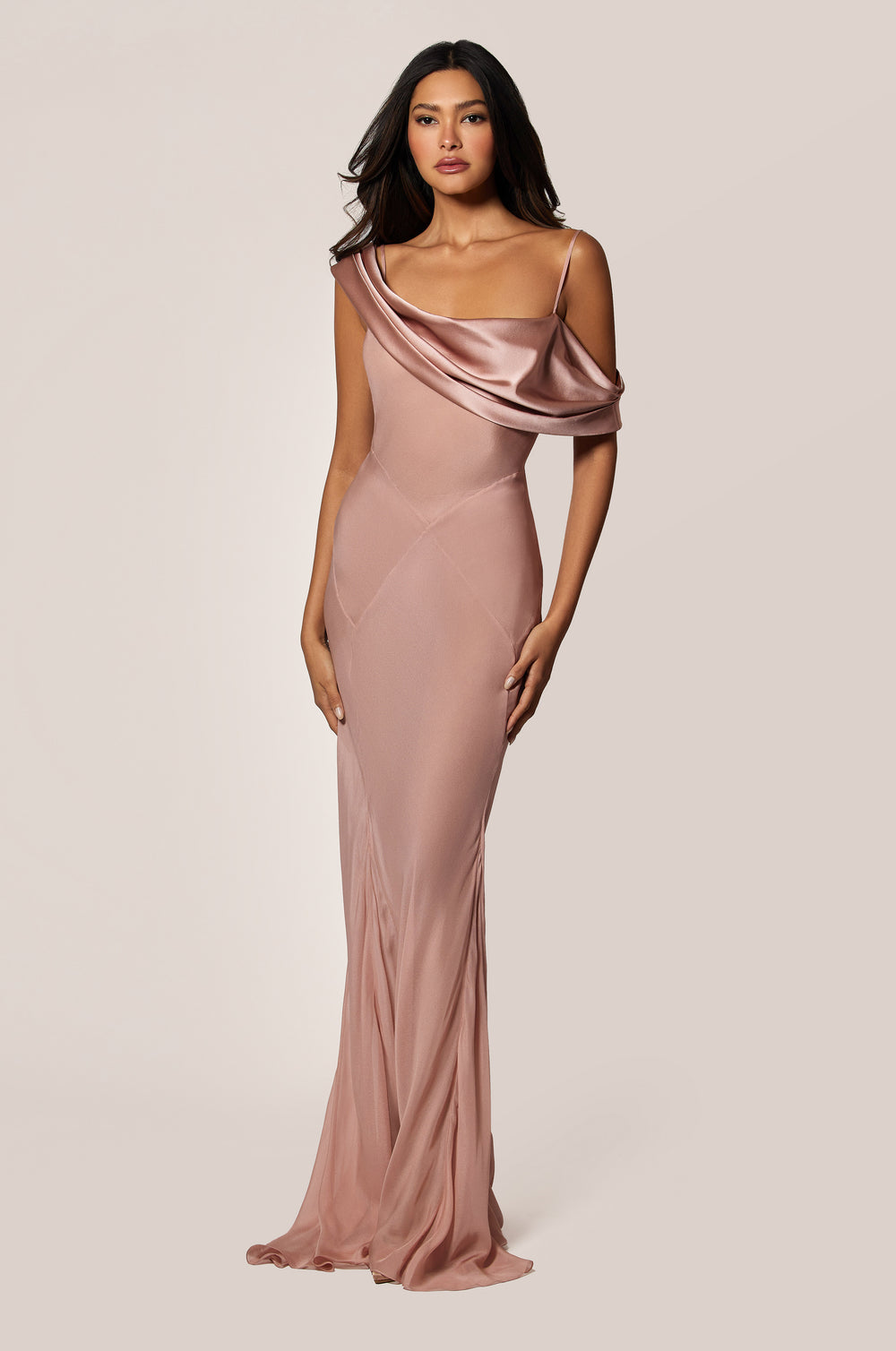Buff Light Pink One Shoulder Draped Silk Satin Diamond Seams Maxi Dress Front