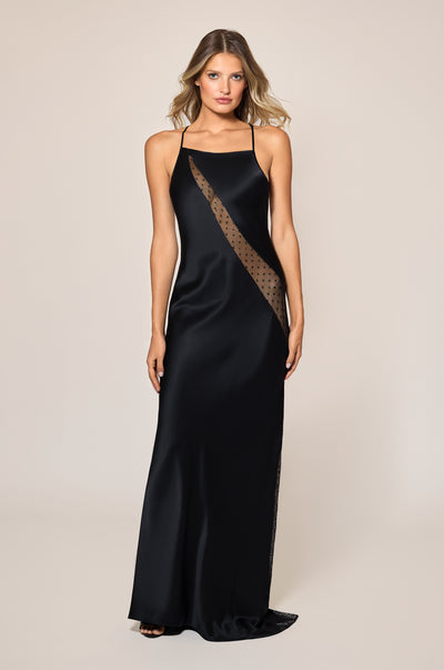 Black Asymmetric Halter Sheer Panel Polka Dot Satin Gown Maxi Dress Front