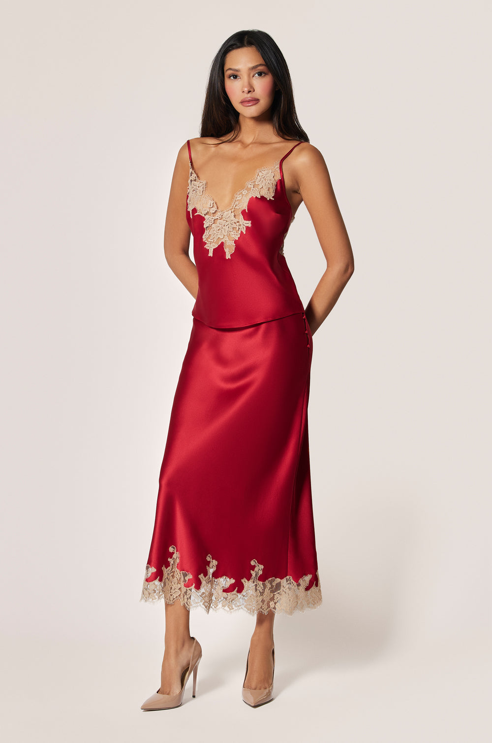Red Satin Floral Lace Detail Cami Top and Red Satin Floral Lace Detail Elastic Waistband Slip Skirt Front