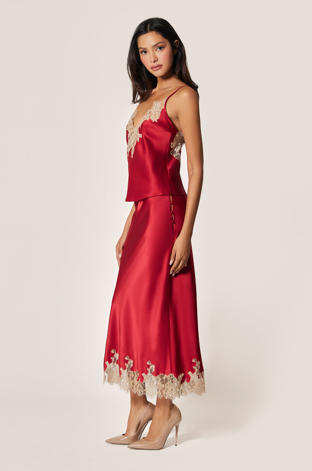 Red Satin Floral Lace Detail Cami Top and Red Satin Floral Lace Detail Elastic Waistband Slip Skirt Side