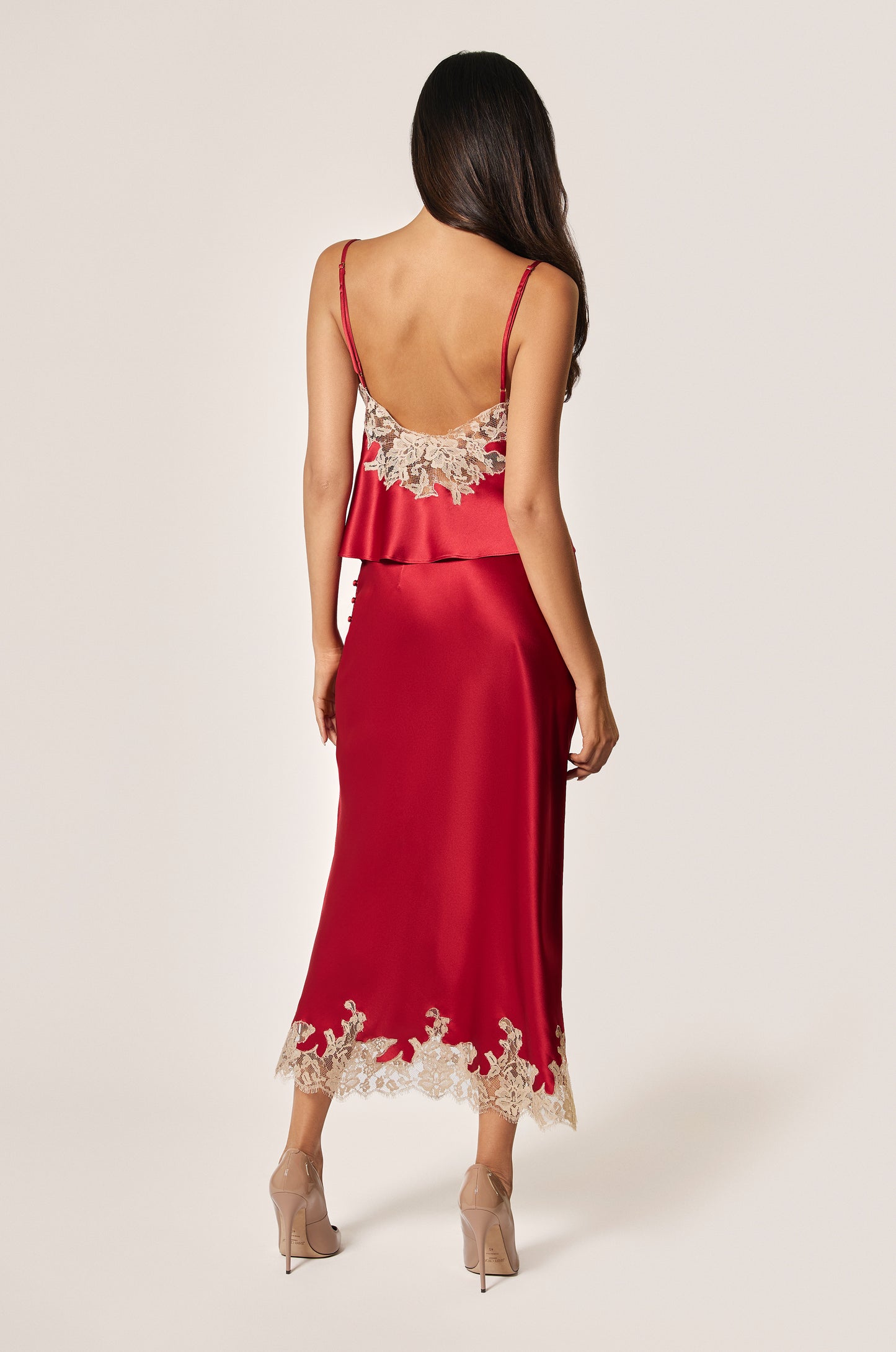 Red Satin Floral Lace Detail Cami Top and Red Satin Floral Lace Detail Elastic Waistband Slip Skirt Back