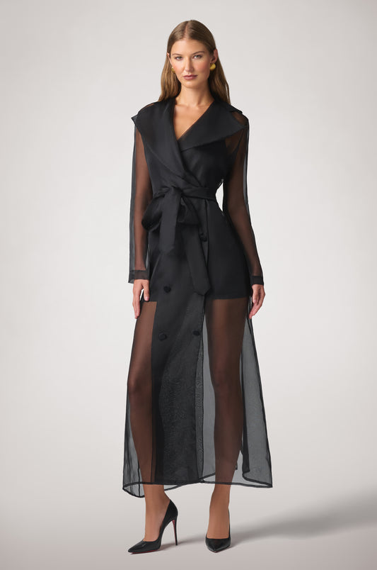 Kiki de Montparnasse Soie Organza Trench Coat in sheer 100% silk organza, featuring a fluid translucent silhouette, classic trench details, and a waist-defining belt, shown from the front.