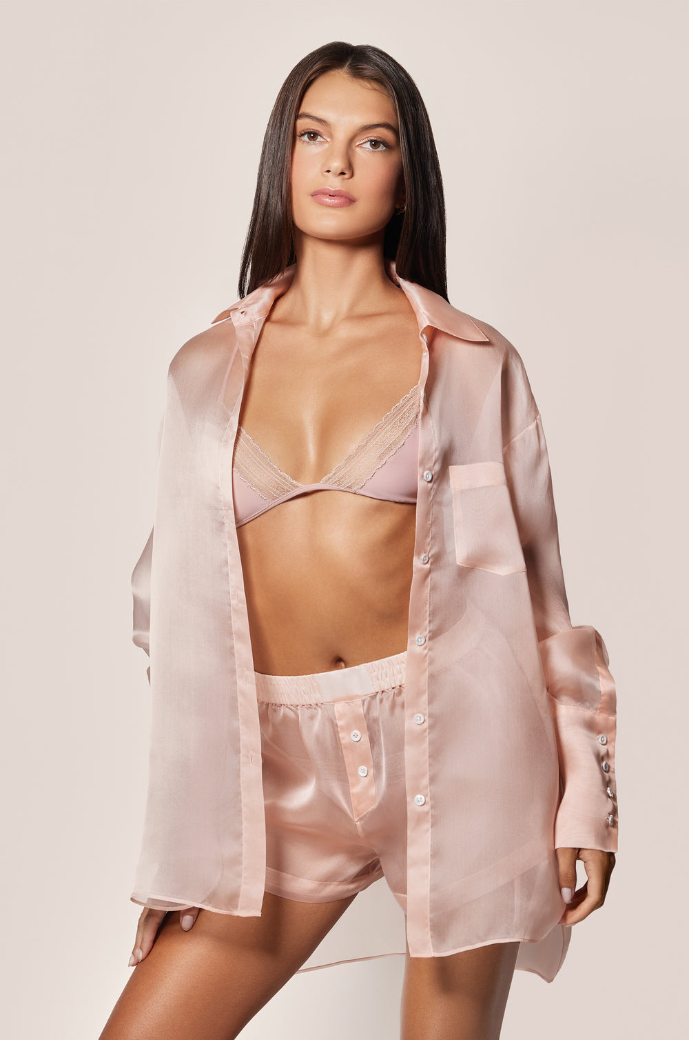Buff Light Pink High Waist Organza Short With Button Details  Front