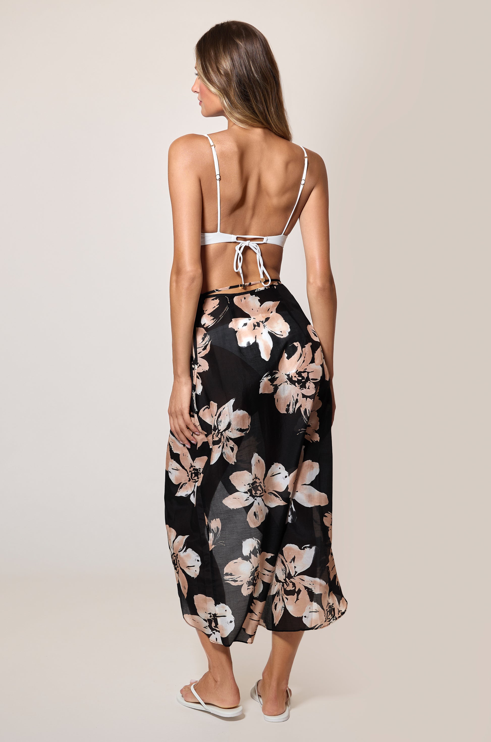 Black Blush Ivory Floral Sarong Skirt Tie Cover Up Back