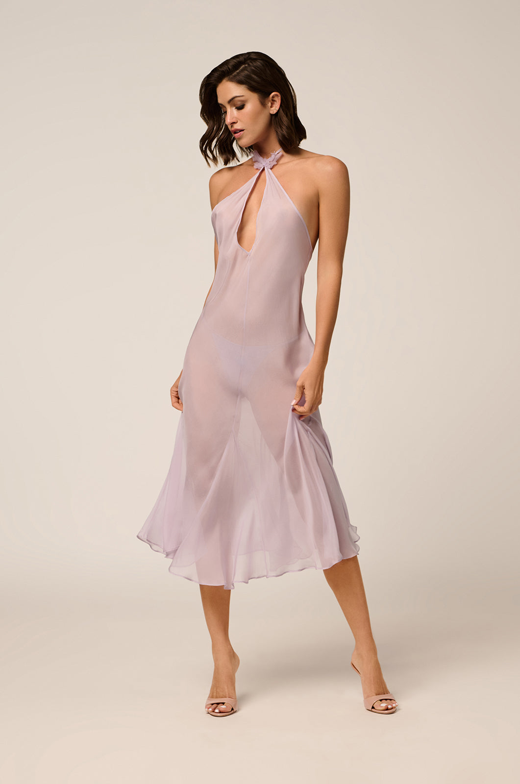 Keyhole halter midi dress with butterfly detail front view