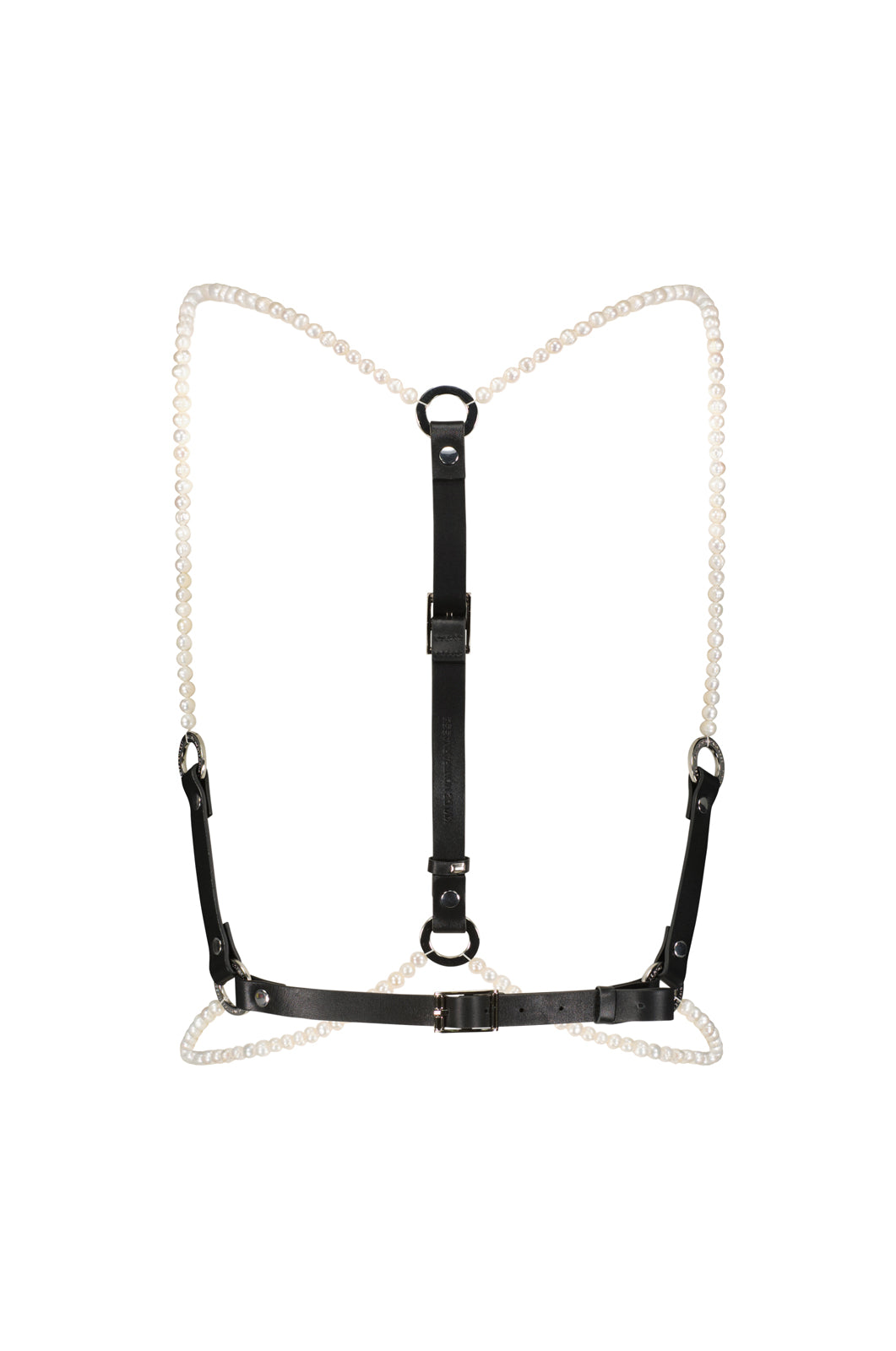 Cowhide leather and freshwater pearls body harness with silver hardware and front buckle flat lay