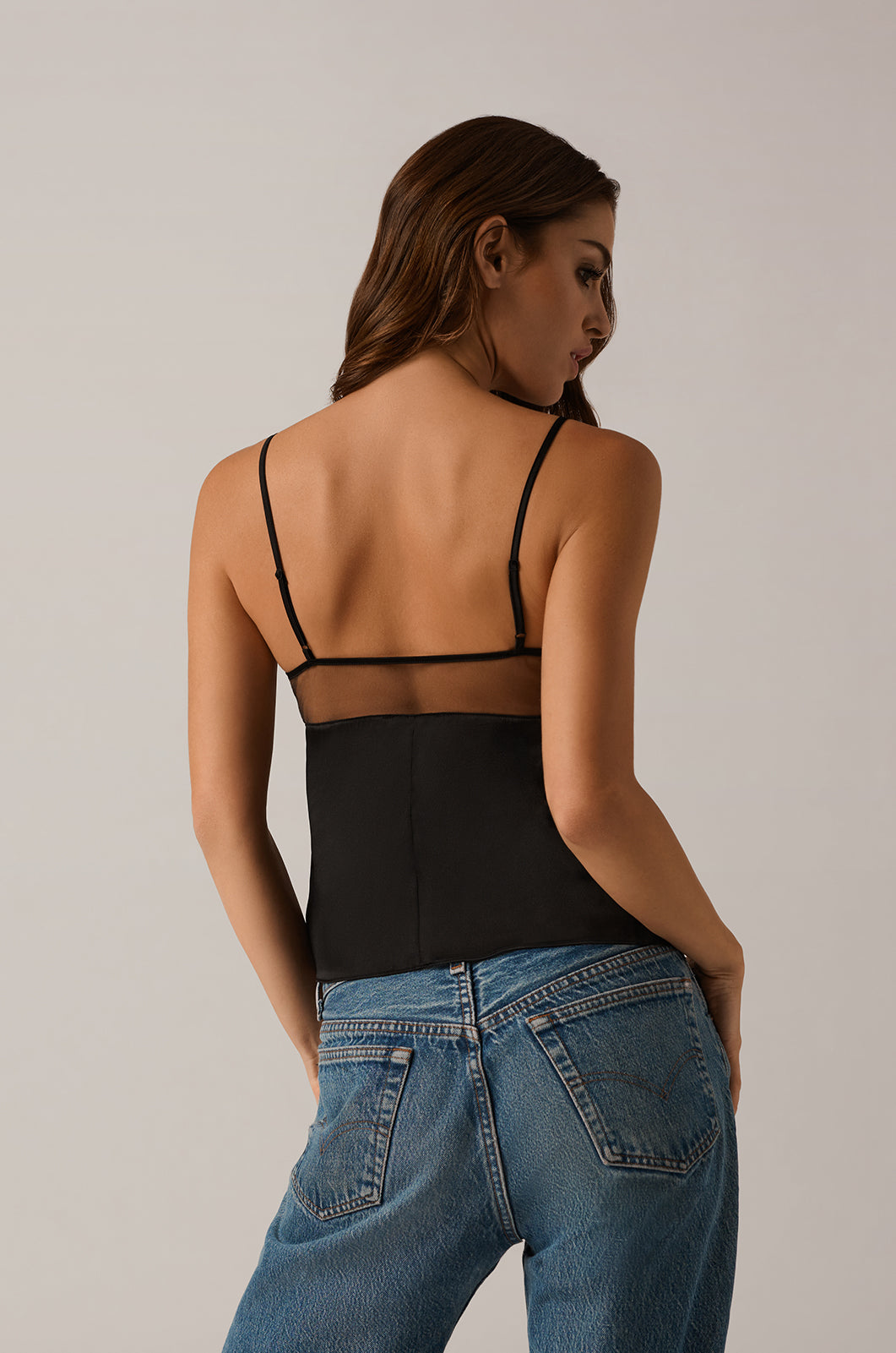 Triangular v-neck silk cami with sheer bust outlining and thin straps back view