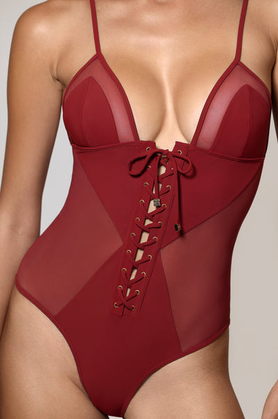 Clay Red Mesh Panel Front Lace Up Swim One Piece Swim Bathing Suit Front