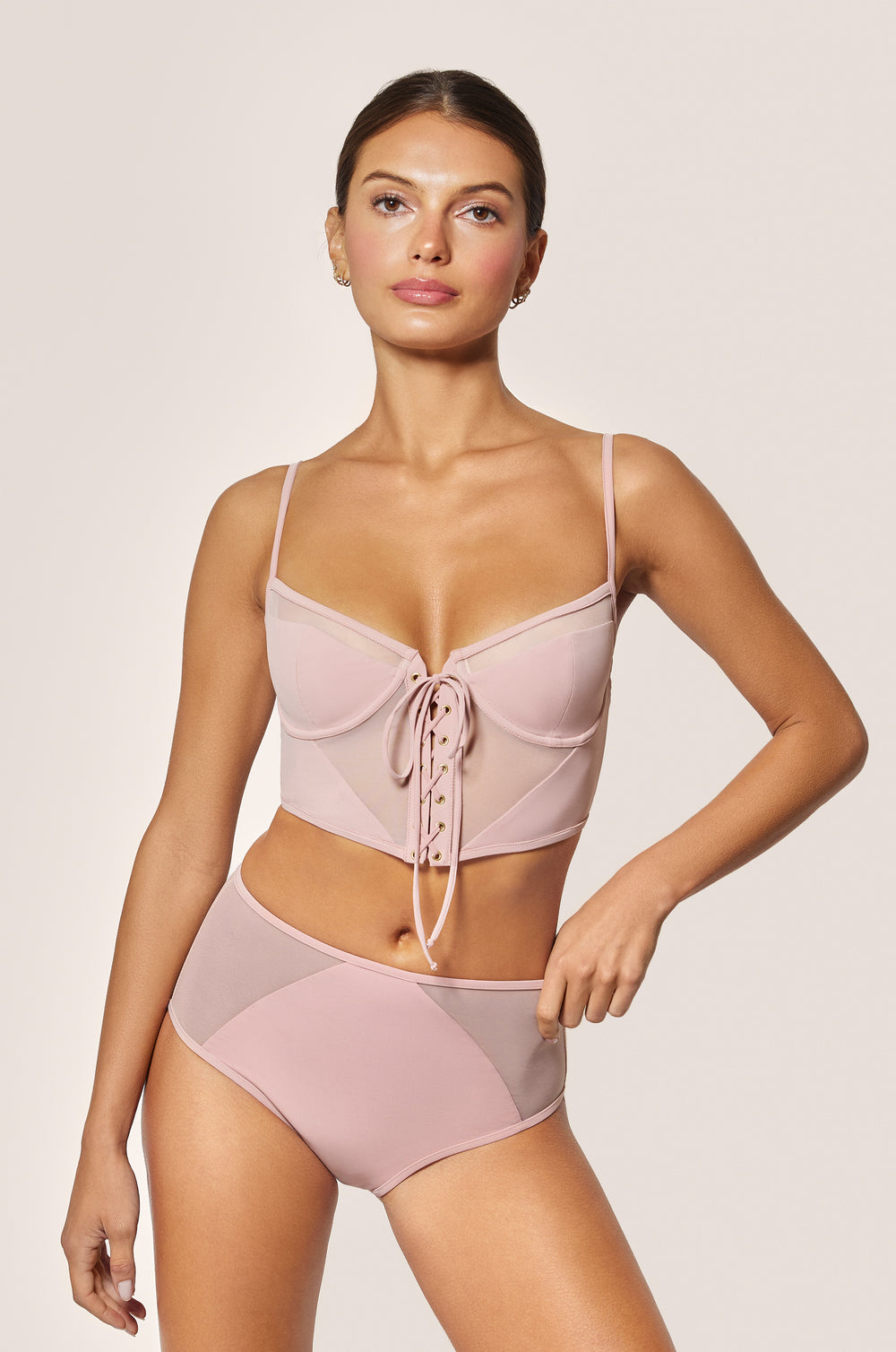 Buff Light Pink Lace Up Front Mesh Panel Longline Swim Bikini Top Front